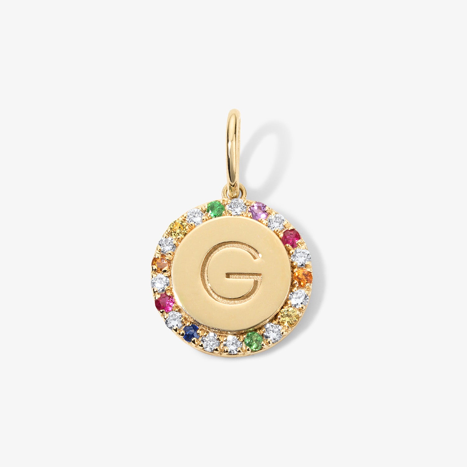 Small Round Bubble Charm with Rainbow Pave Outline 14K Yellow Gold