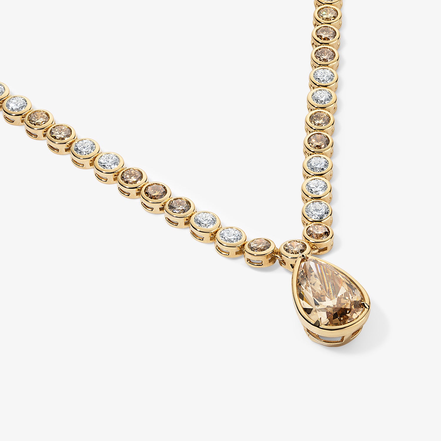 Margot White and Champagne Diamond Bezel Set Necklace With Fancy Brown Pear Drop