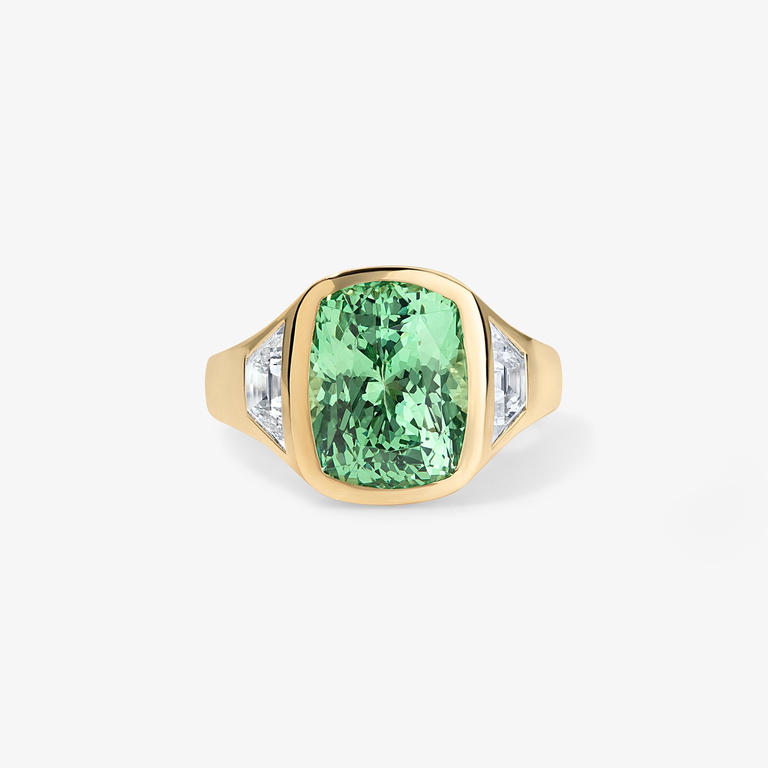 Green Tourmaline Bezel Trilogy ring with Trapezoid Side Stones