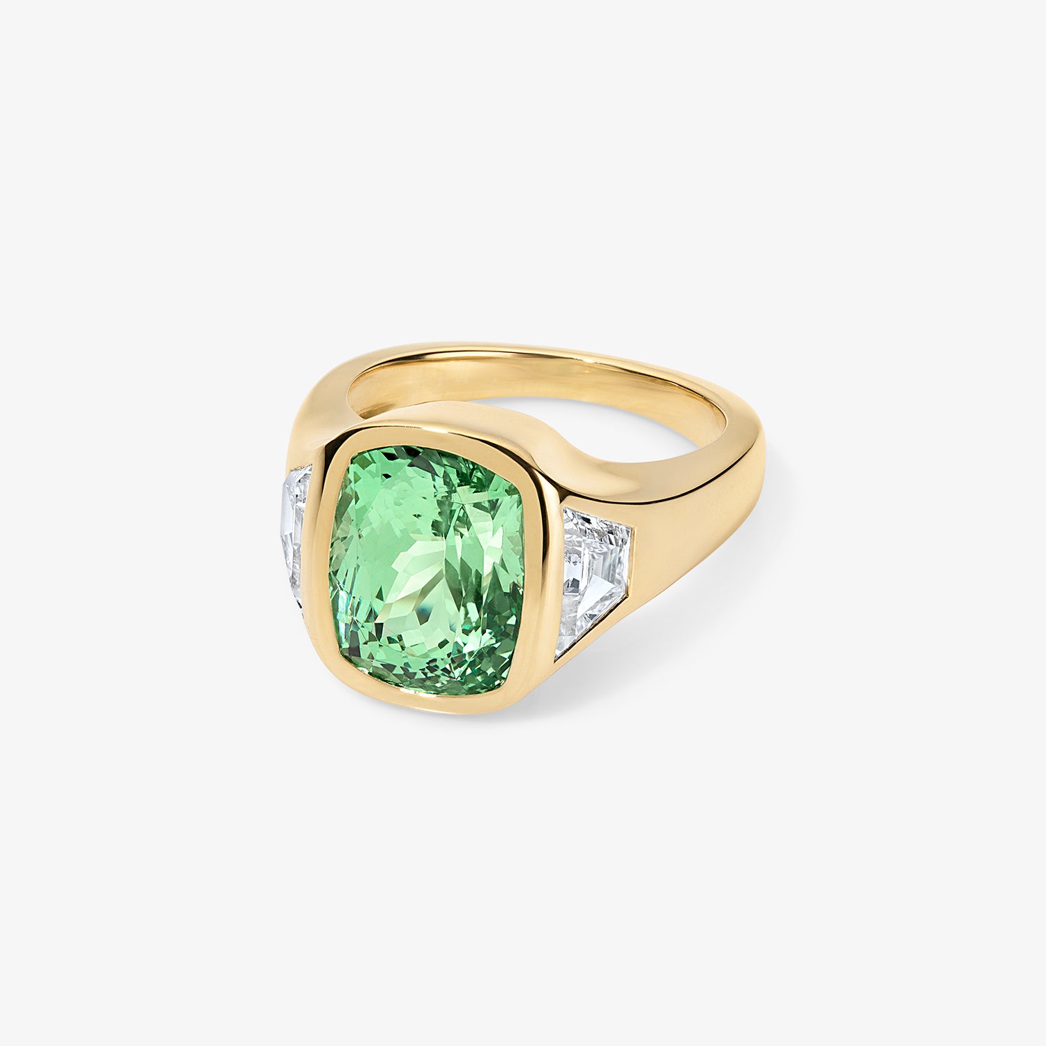 Green Tourmaline Bezel Trilogy ring with Trapezoid Side Stones