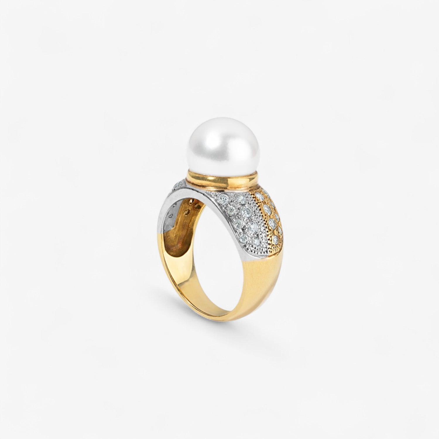 White Pearl Ring Edged with Diamonds