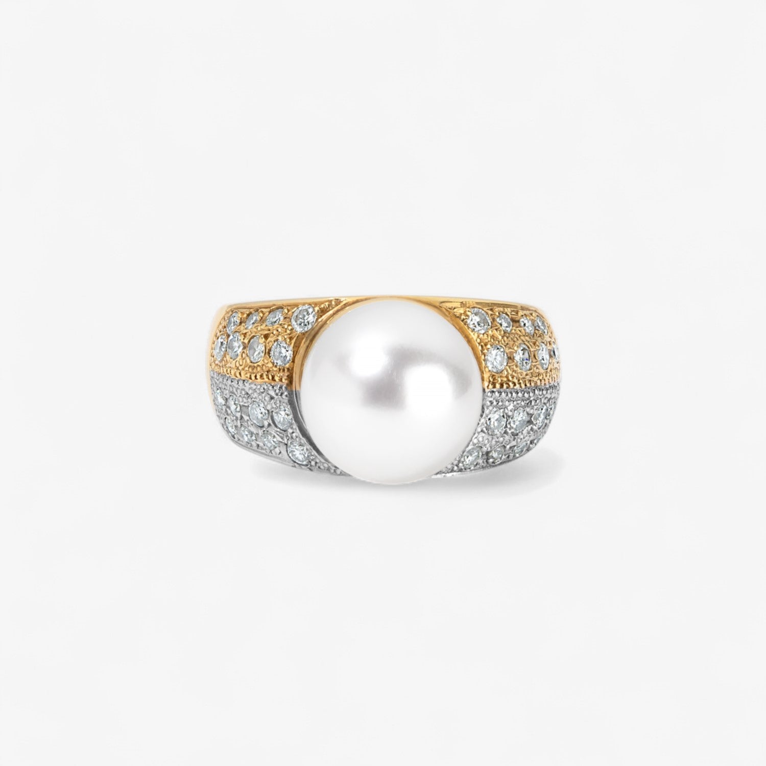 White Pearl Ring Edged with Diamonds