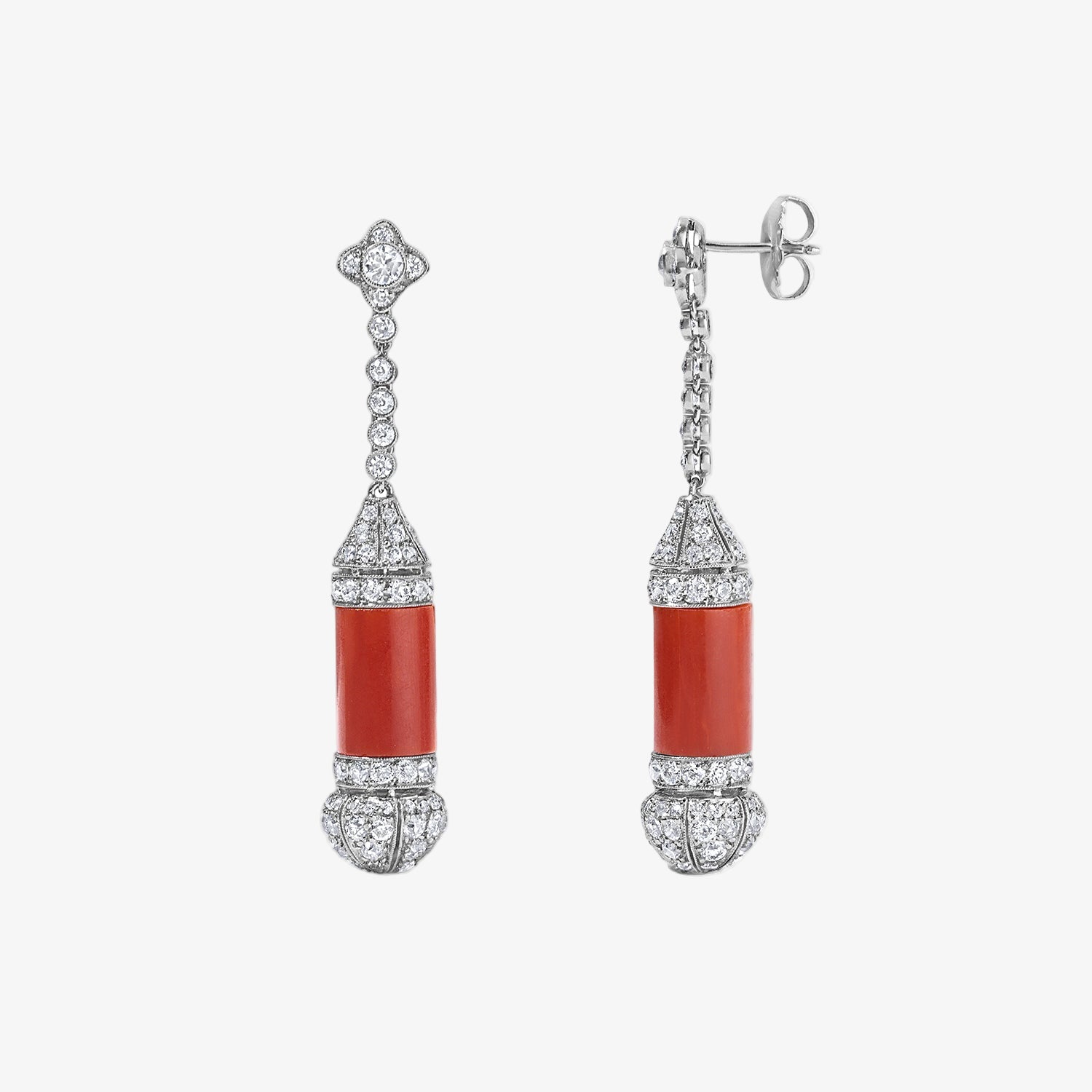 Coral and Diamond Tubular Earrings