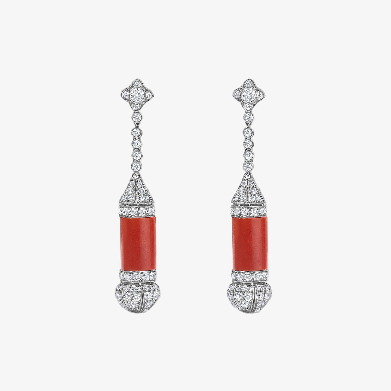 Coral and Diamond Tubular Earrings