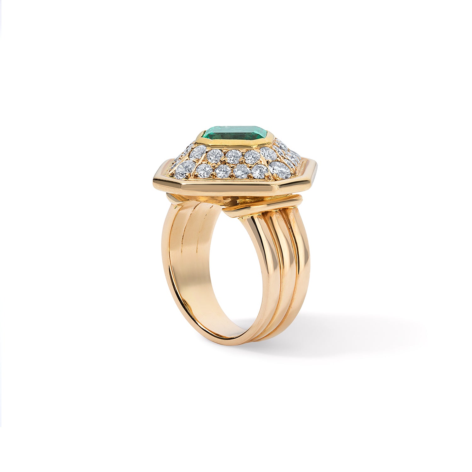 Vintage Asscher Shaped Emerald and Diamond Cocktail Ring