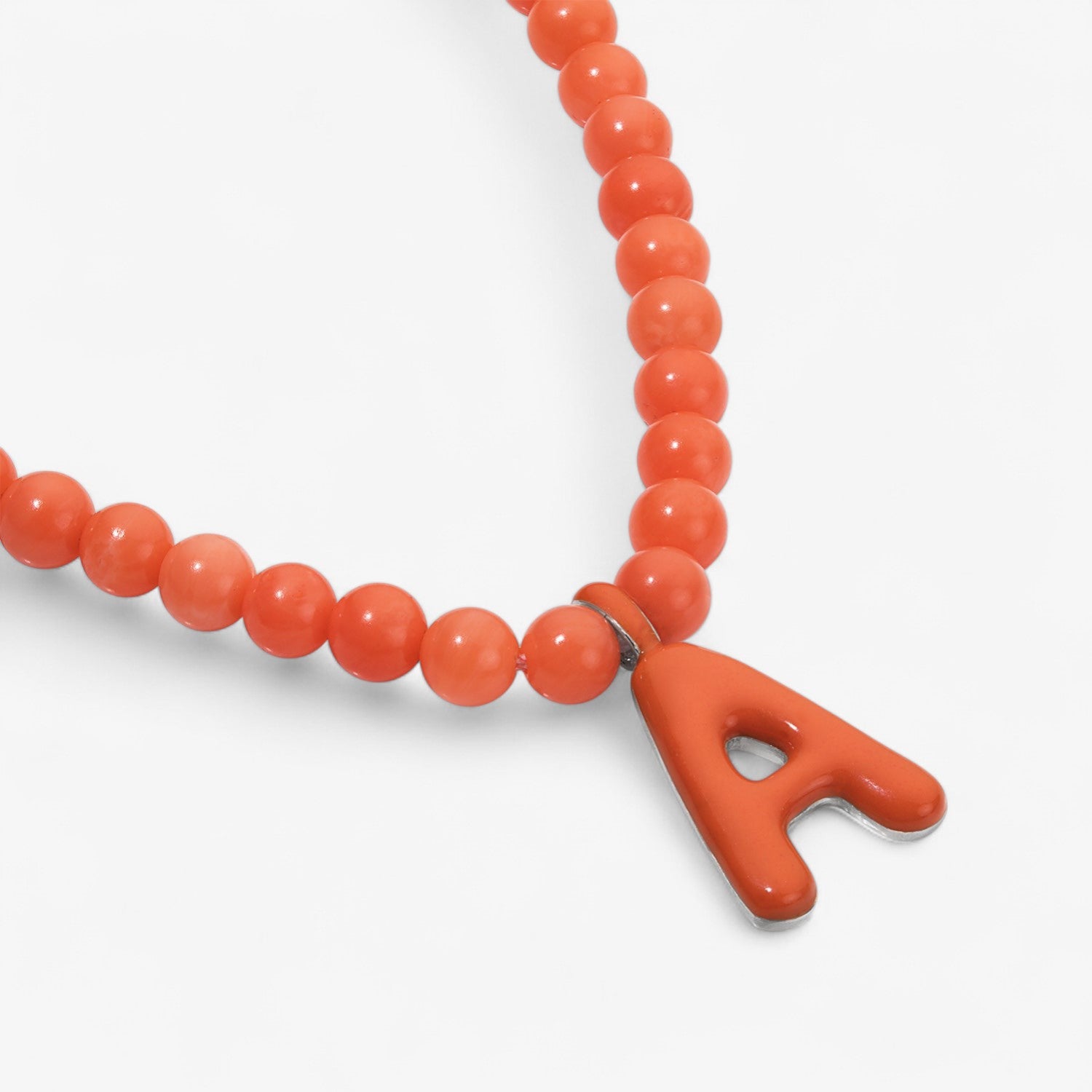 Orange Bead Necklace with Enamel Bubble Initial