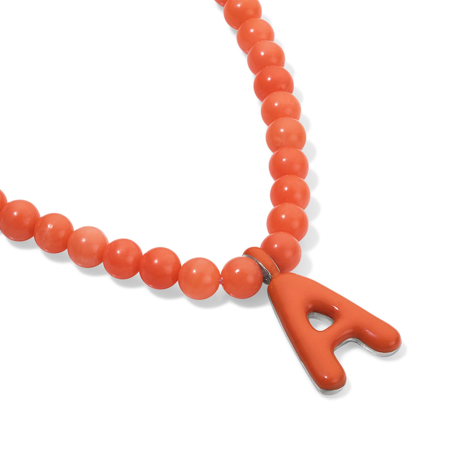Orange Bead Necklace with Enamel Bubble Initial
