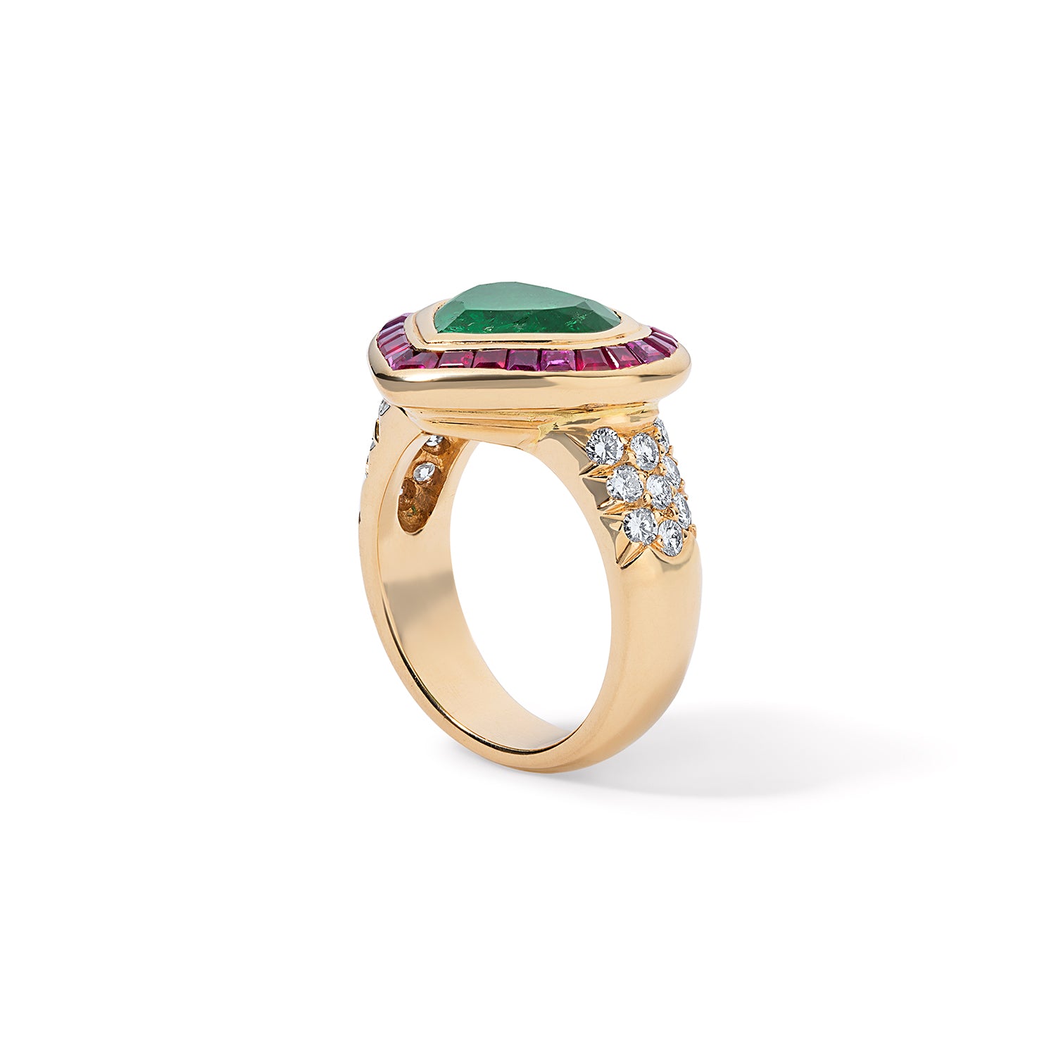 Vintage Heart Shaped Emerald with Ruby Baguettes and Diamond Ring