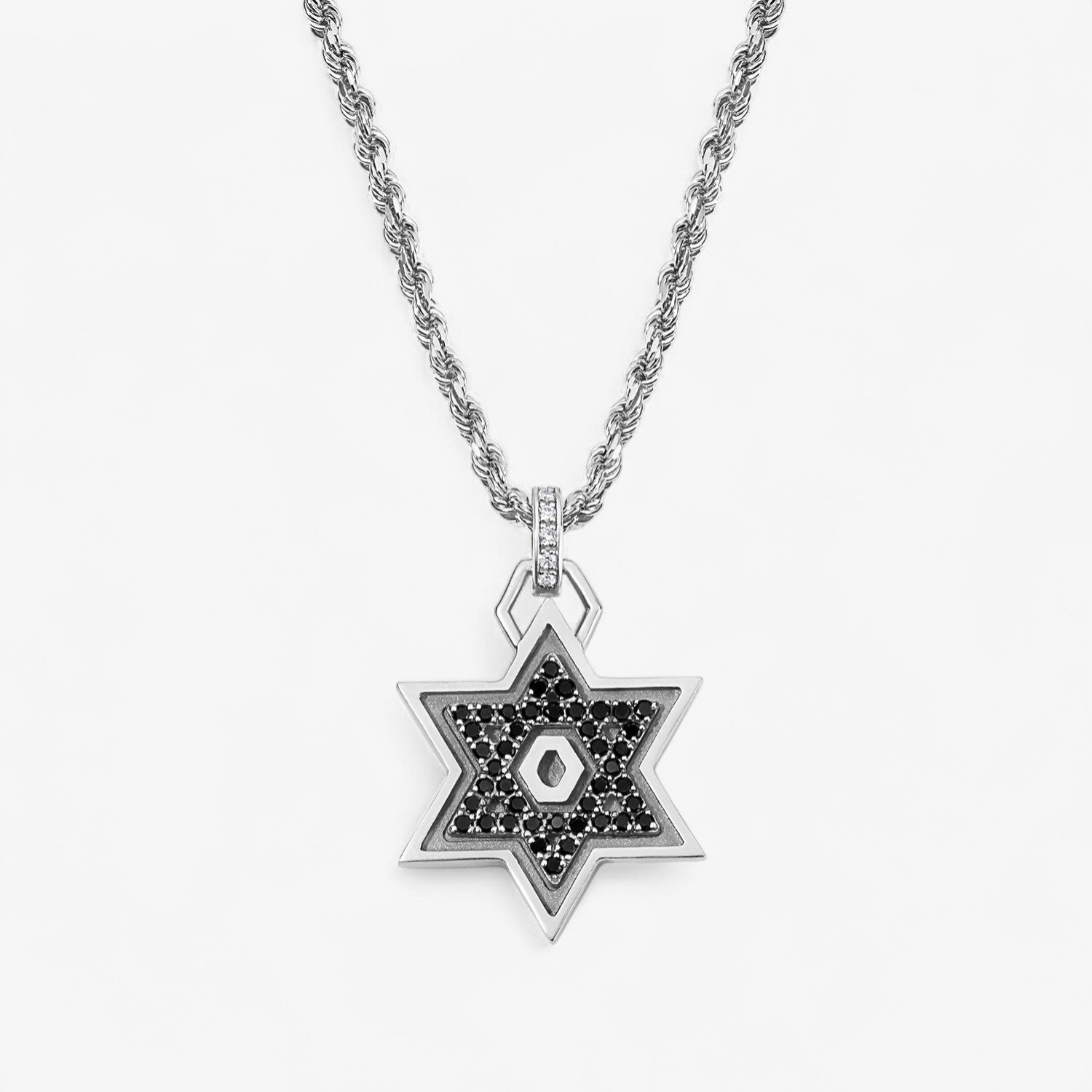 Star of David with Black Diamonds on Rope Chain 14K White Gold