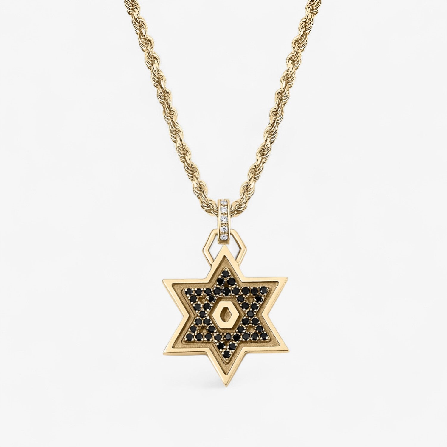 Star of David with Black Diamonds on Rope Chain 14K Yellow Gold