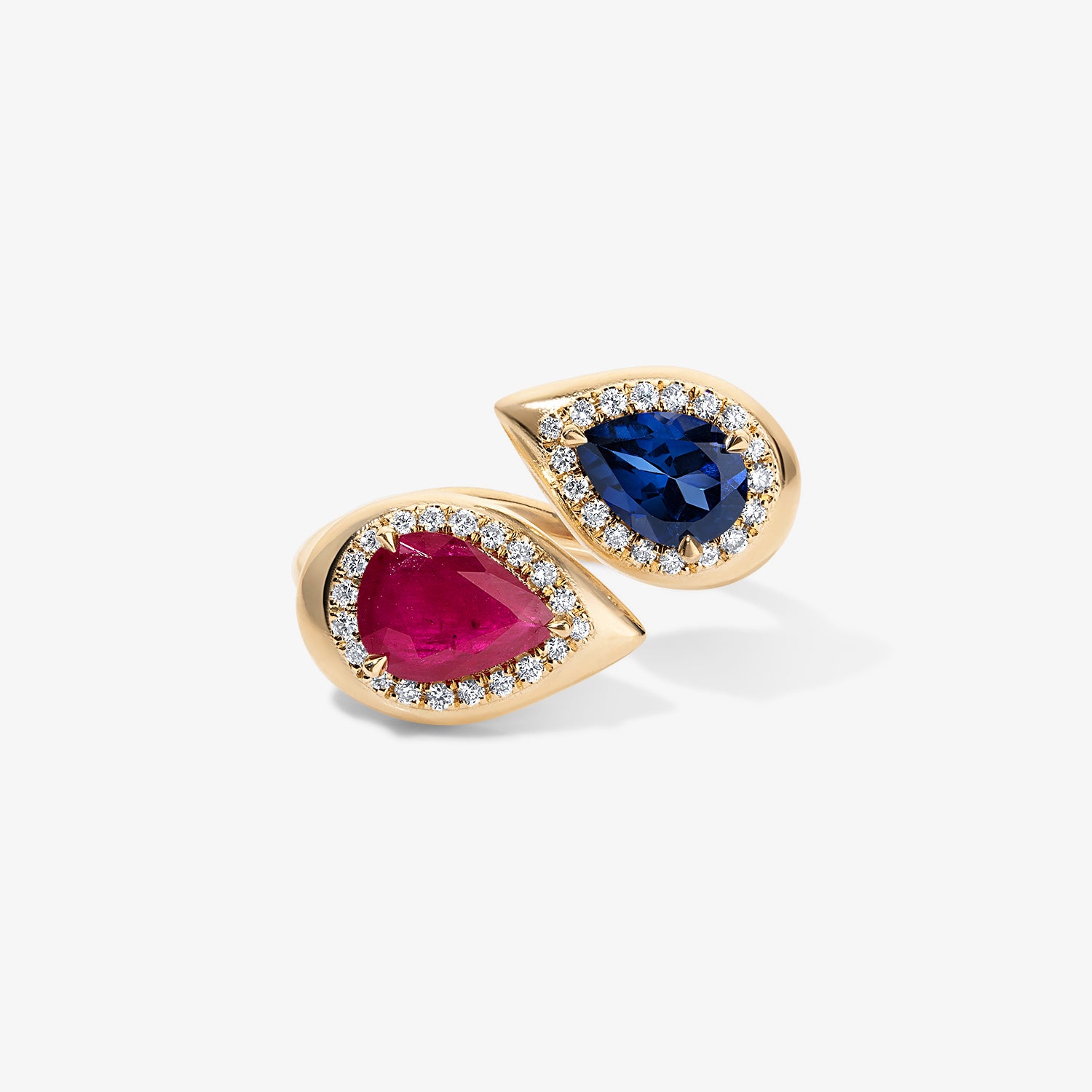 Blue Sapphire and Ruby Pear Candy Button Bypass Ring