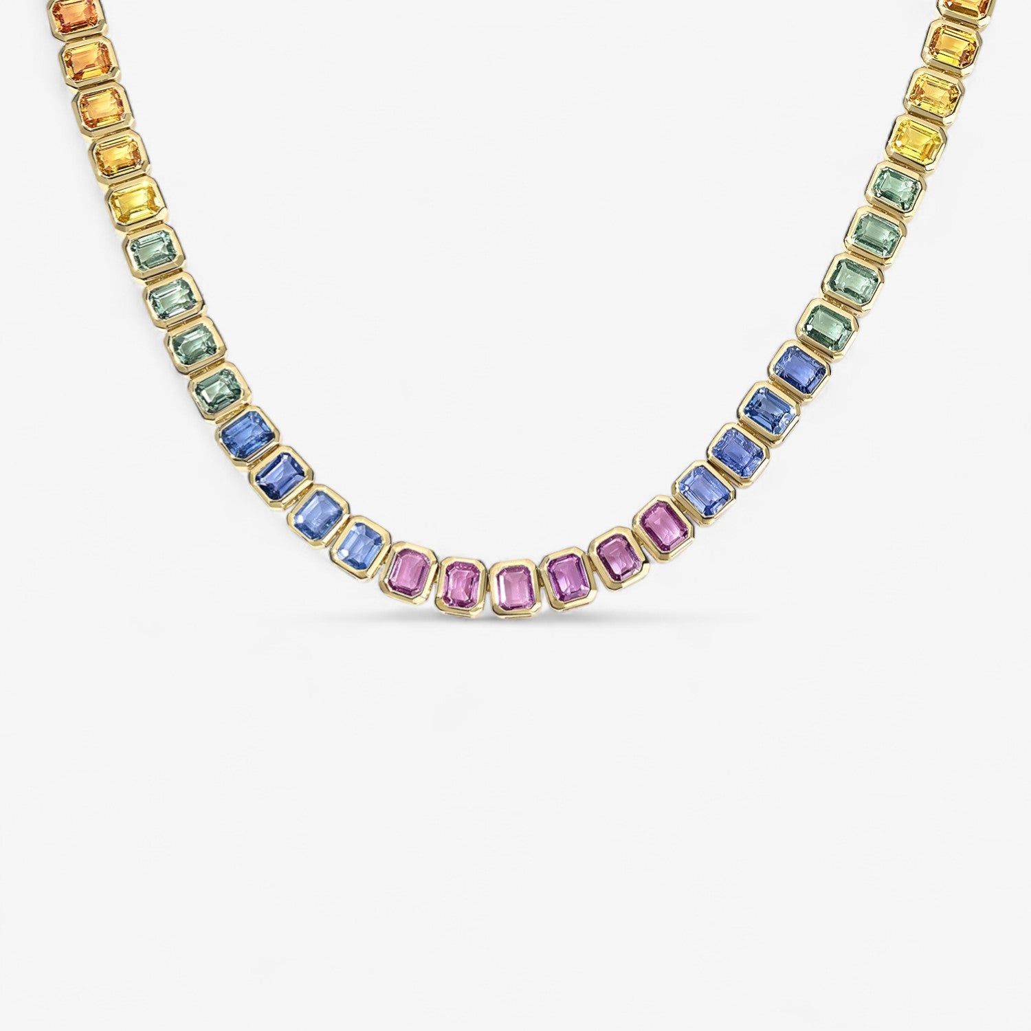 Margot Emerald Cut Rainbow Sapphire Bezel Tennis Necklace