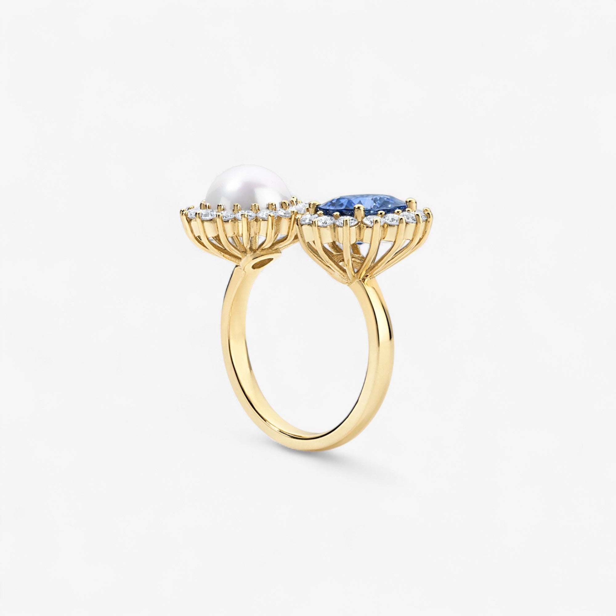 Grace Pearl and Sapphire Toi et Moi Ring 14K Yellow Gold 6.5