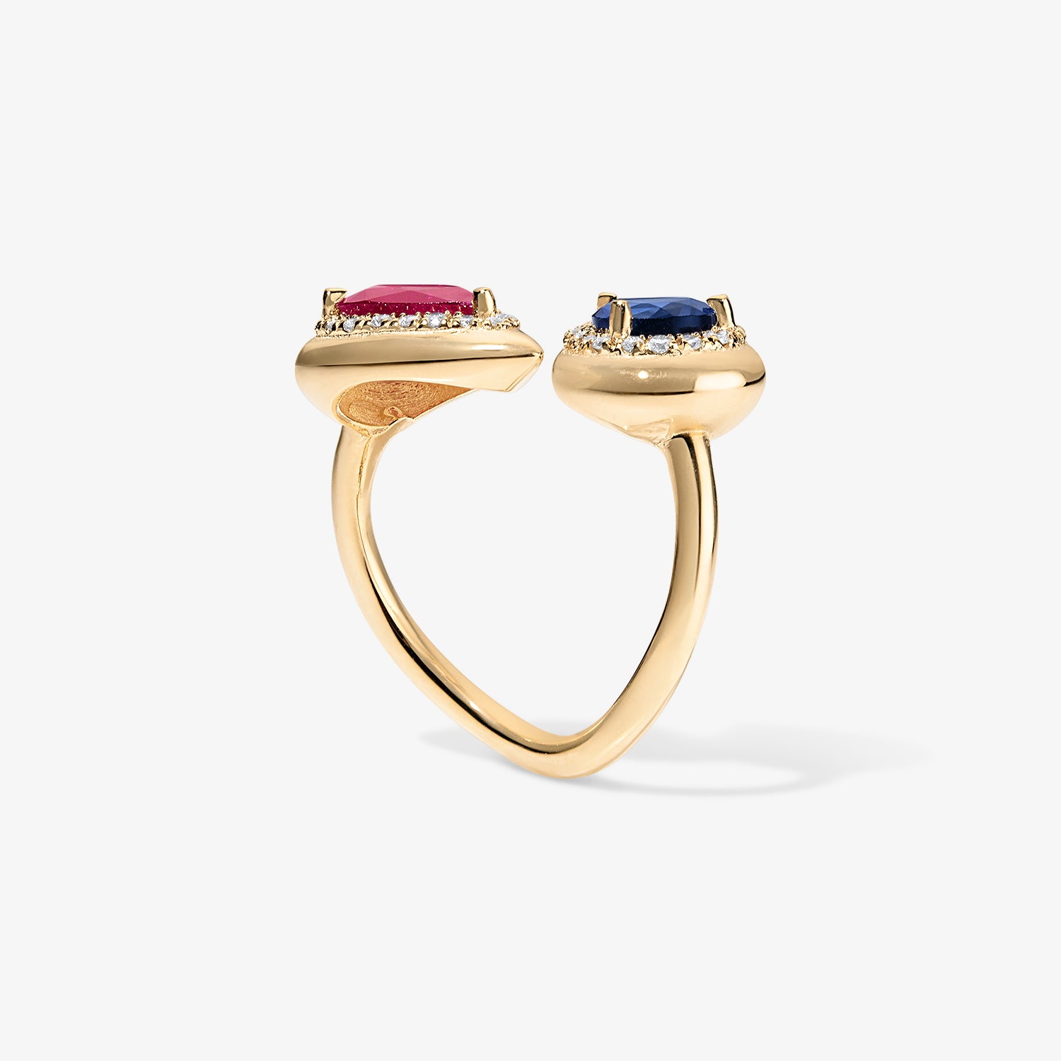 Blue Sapphire and Ruby Pear Candy Button Bypass Ring