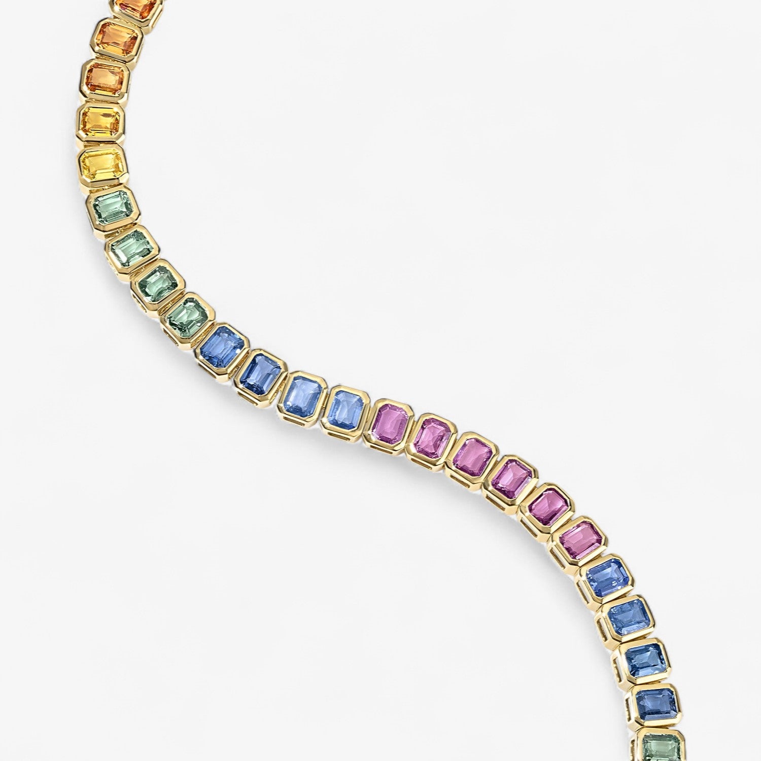 Emerald Cut Rainbow Sapphire Bezel Tennis Necklace