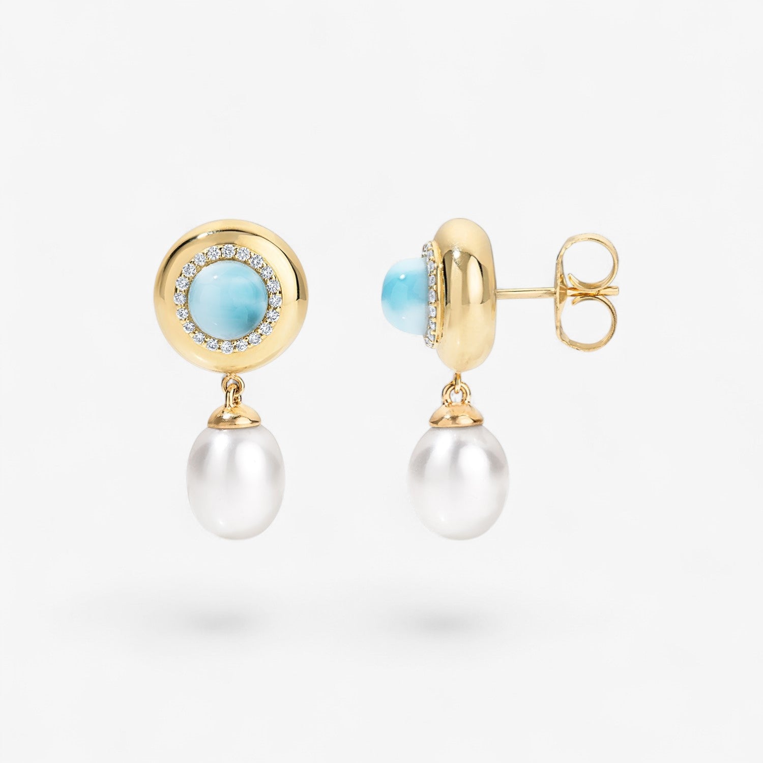 Larimar with Pearl Drop Candy Button Earrings
