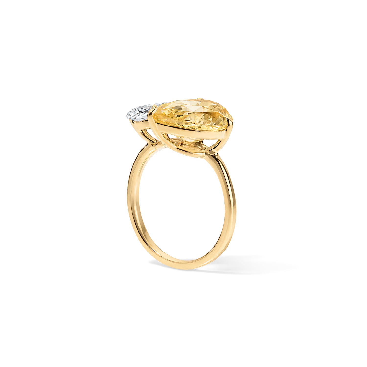 Two Stone Pear Ring with Yellow Beryl and White Diamond