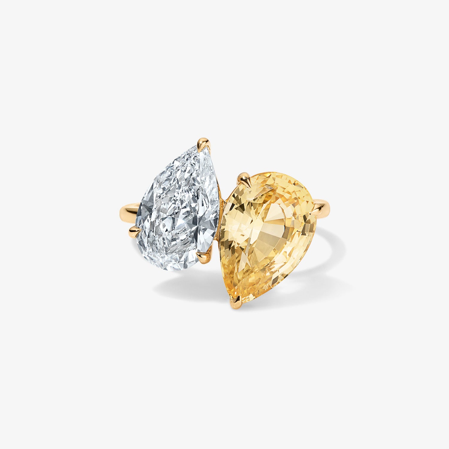 Two Stone Pear Ring with Yellow Beryl and White Diamond