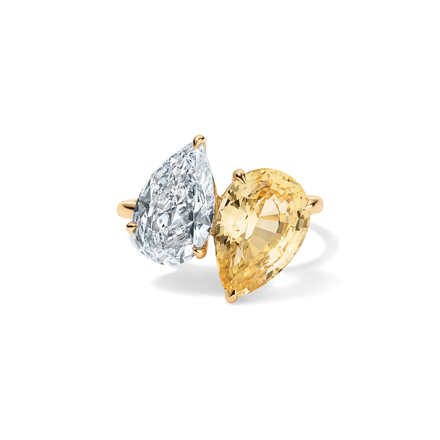 Two Stone Pear Ring with Yellow Beryl and White Diamond