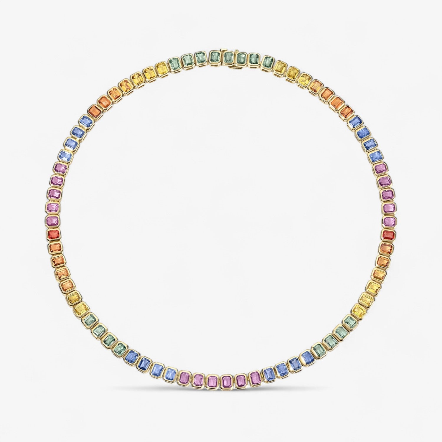Margot Emerald Cut Rainbow Sapphire Bezel Tennis Necklace 18K Yellow Gold