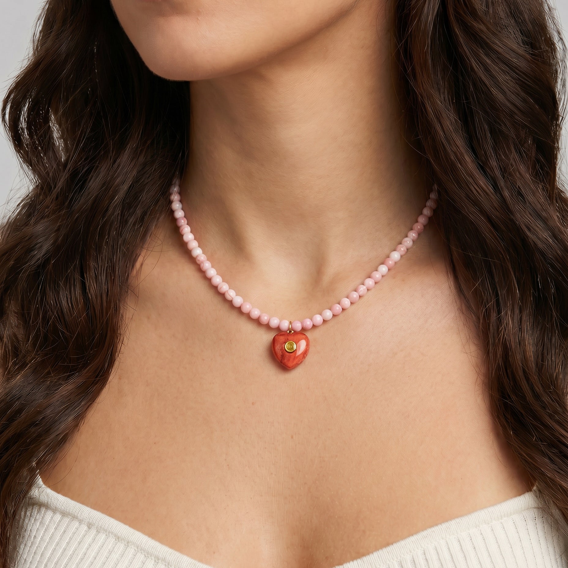 Kendall Conch Shell Beaded Necklace with Spiny Oyster Shell Heart Charm