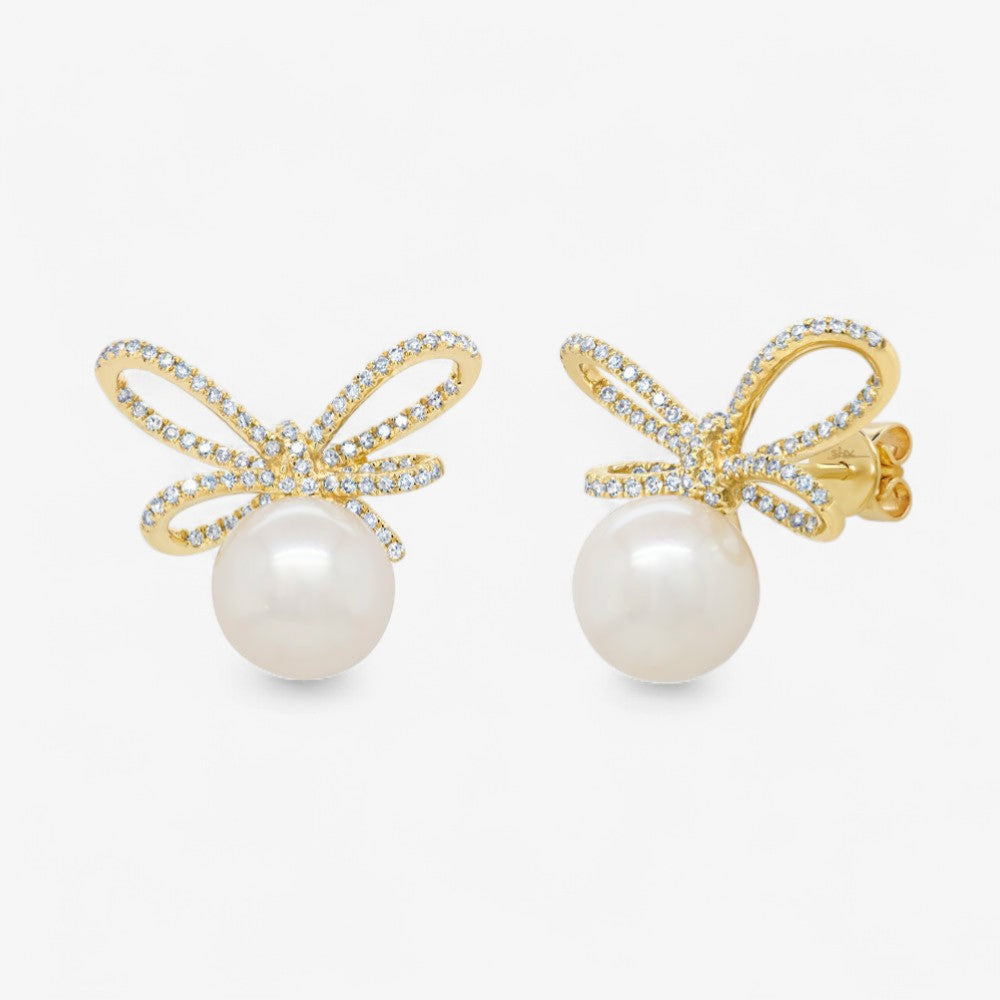Grace Pearl and Diamond Bow Stud Earrings 14K Yellow Gold