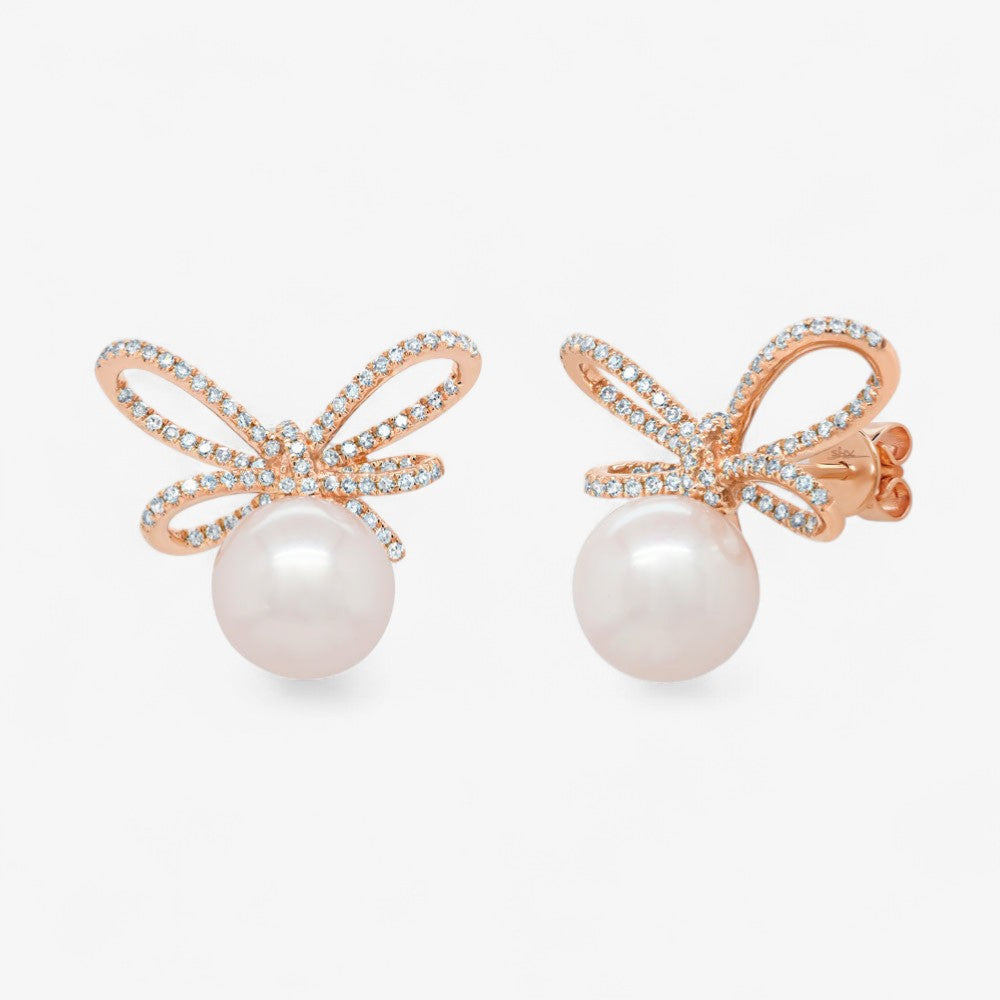 Grace Pearl and Diamond Bow Stud Earrings 14K Rose Gold