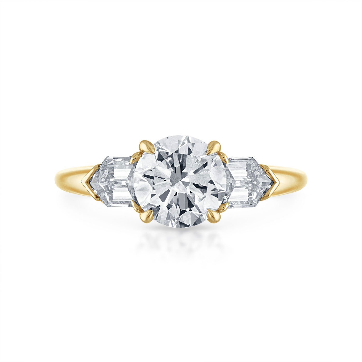 Round Engagement Ring with Bullet Side Stones in Yellow Gold