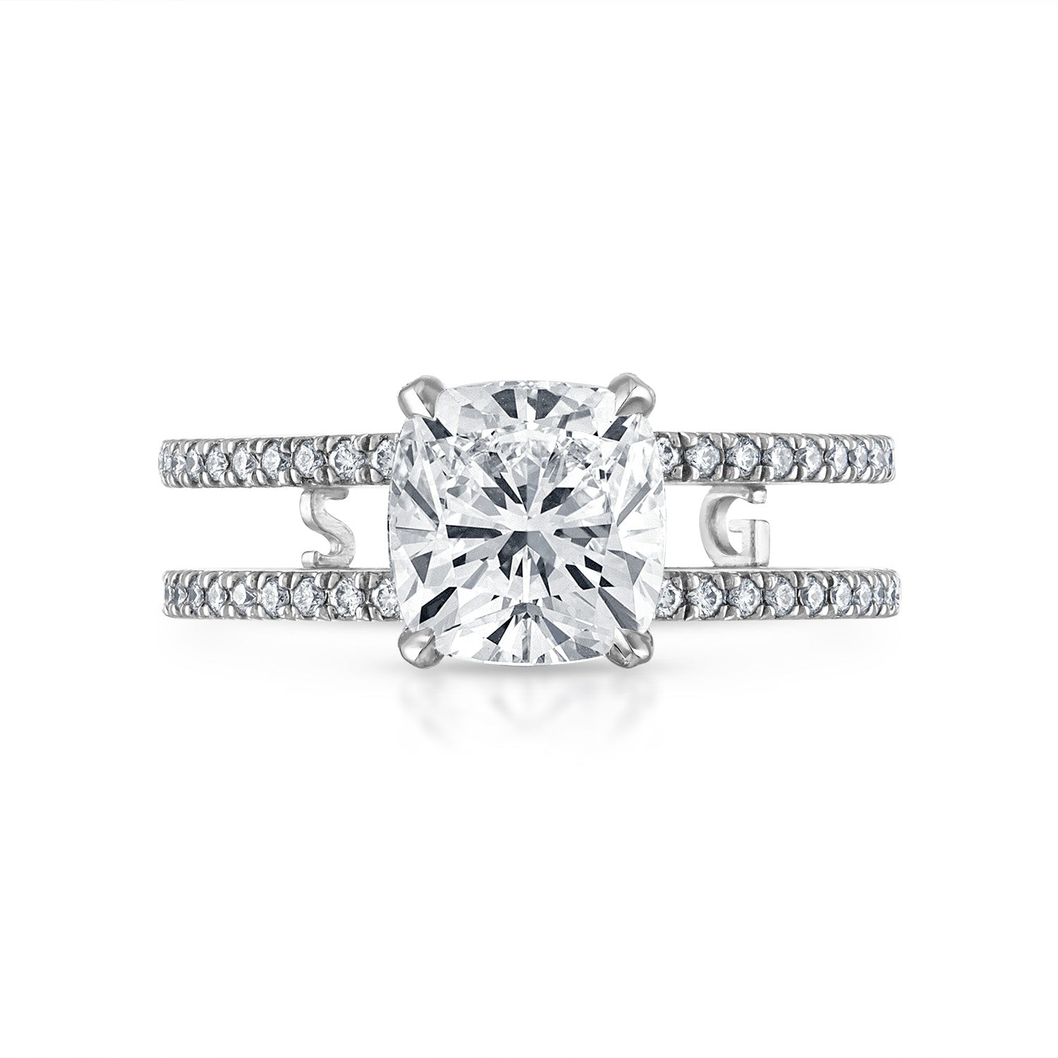 Cushion Double Pave Band Engagement Ring in Platinum