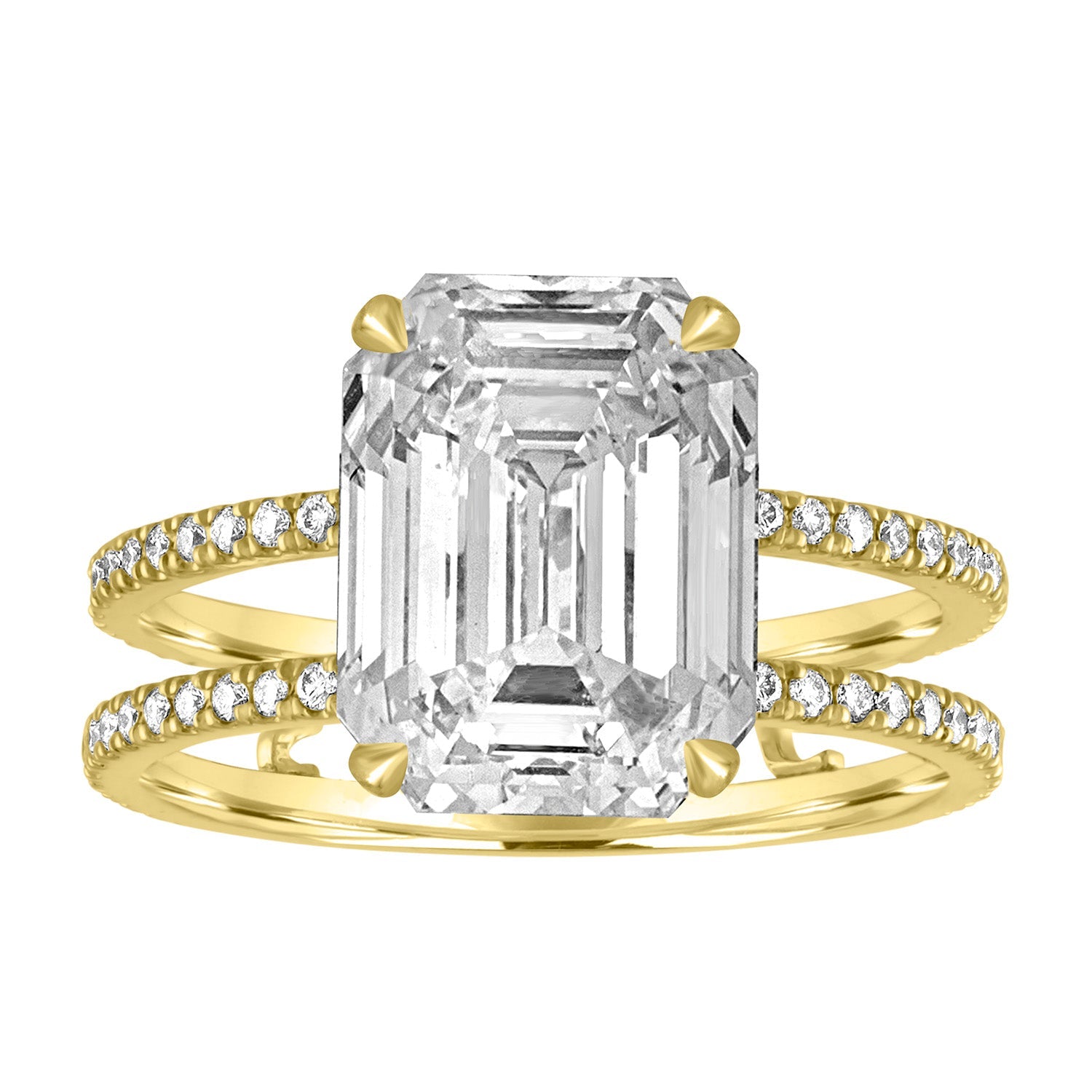 Emerald Double Pave Band Engagement Ring in Yellow Gold