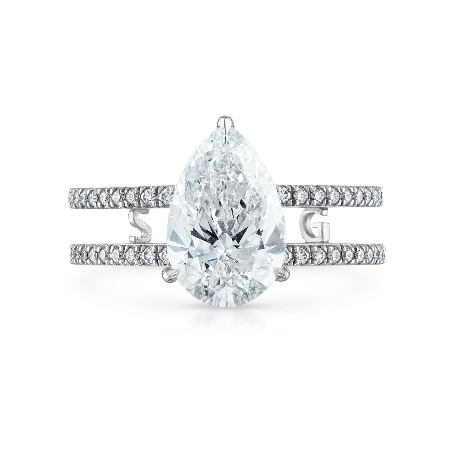 Pear Double Pave Band Engagement Ring in Platinum