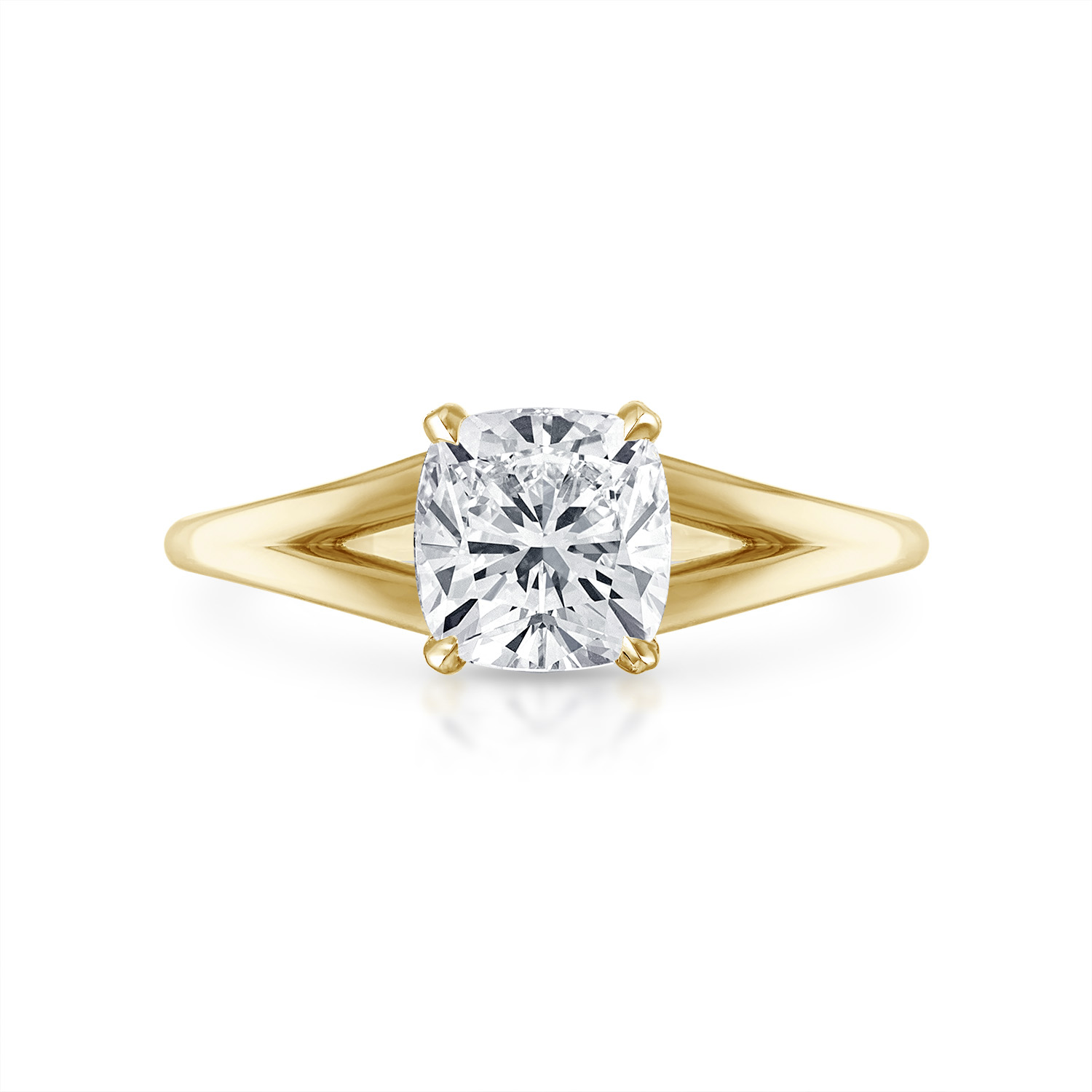 Cushion Split Shank Engagement Ring in Yellow Gold