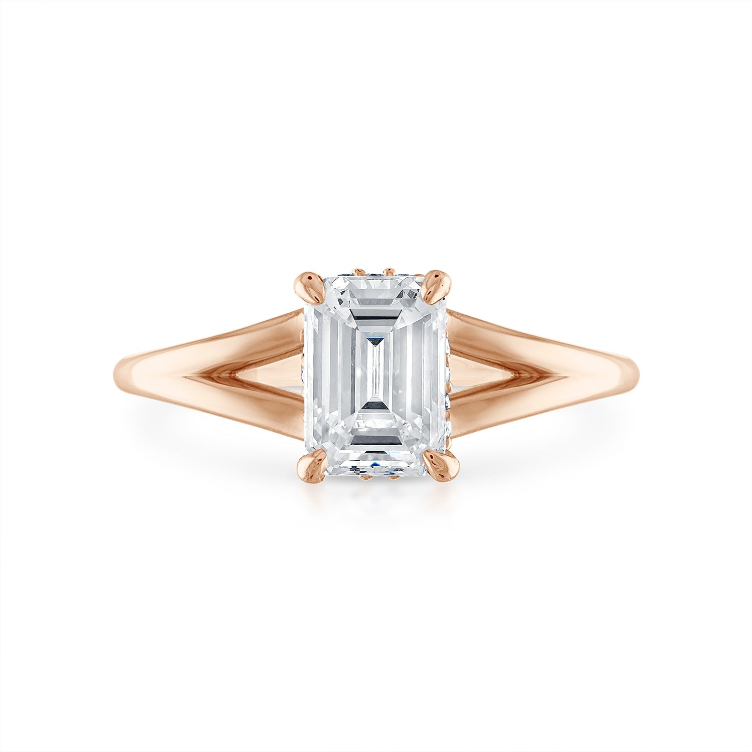Emerald Split Shank Engagement Ring in Rose Gold