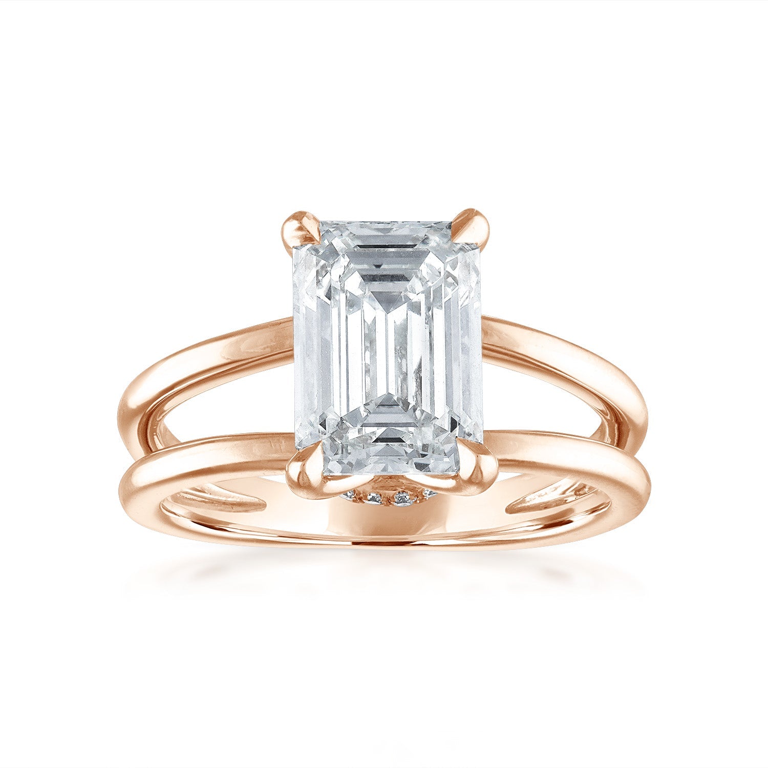 Emerald Split Shank Engagement Ring in Rose Gold