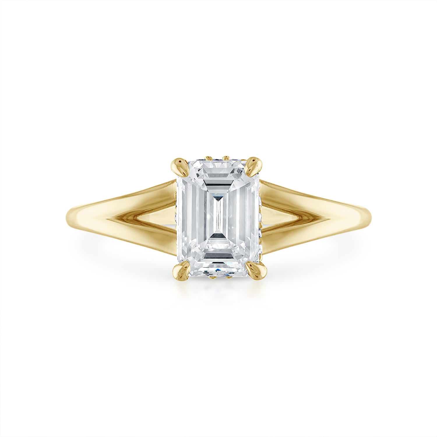 Emerald Split Shank Engagement Ring in Yellow Gold