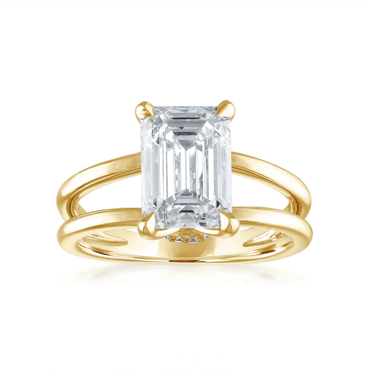 Emerald Split Shank Engagement Ring in Yellow Gold