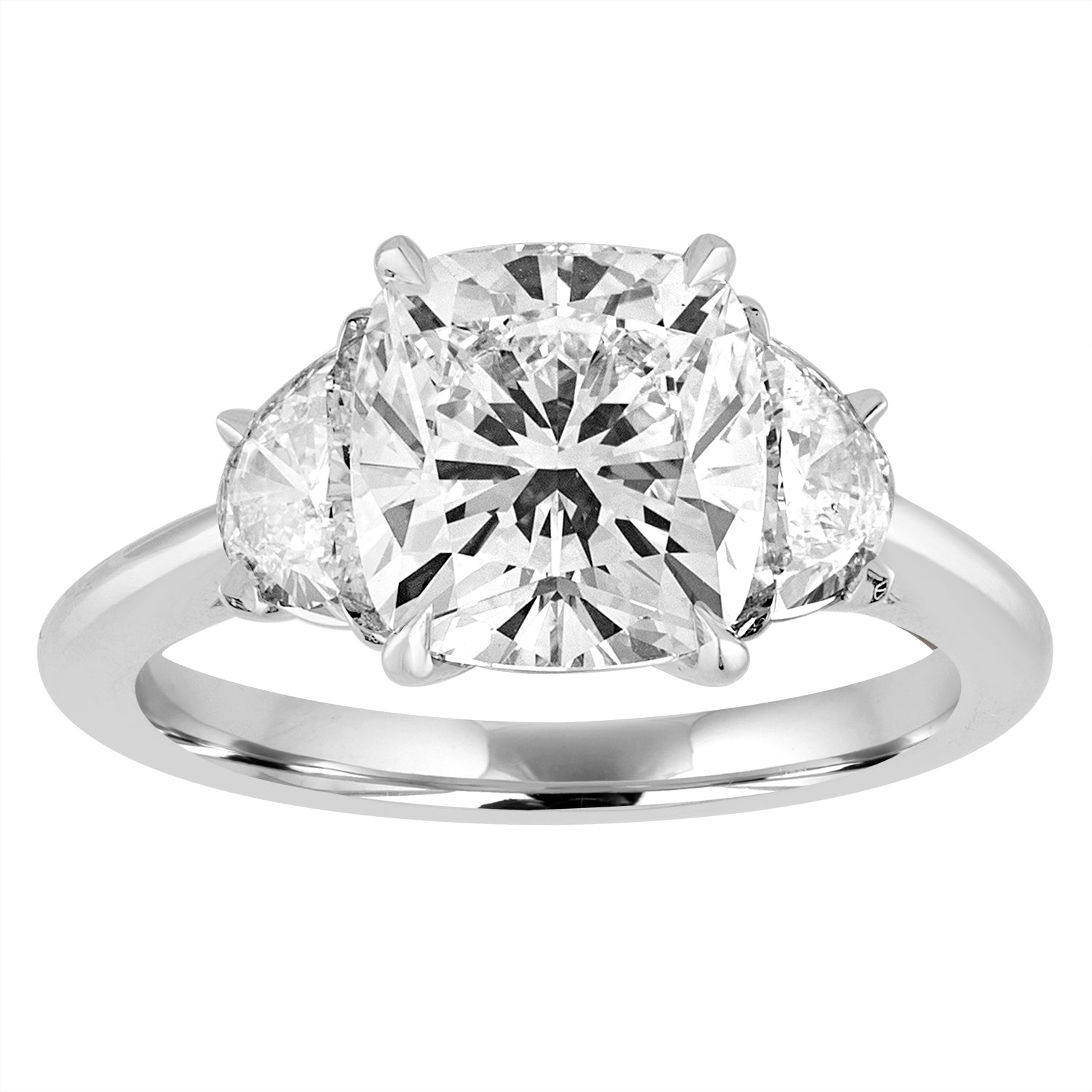 Cushion Engagement Ring with Half Moons Side Stones in Platinum