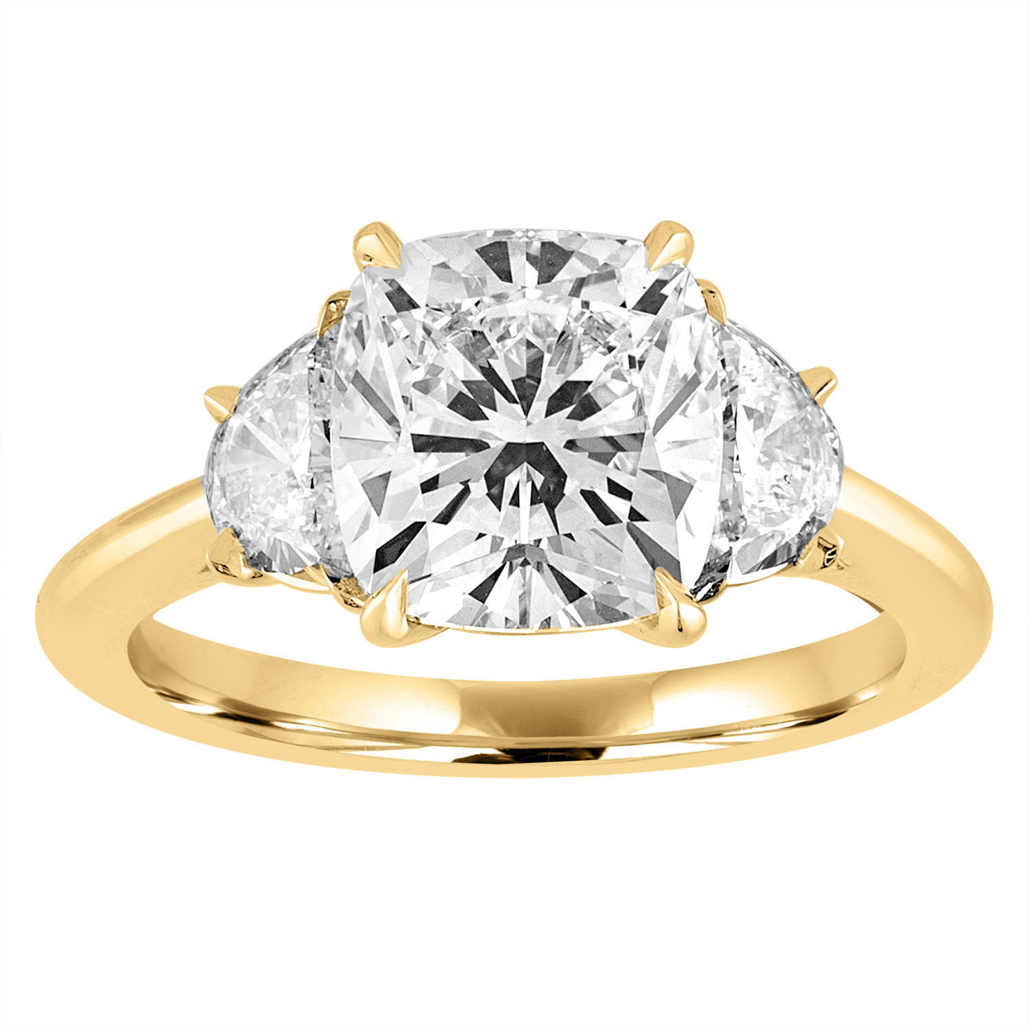 Cushion Engagement Ring with Half Moons Side Stones in Yellow Gold
