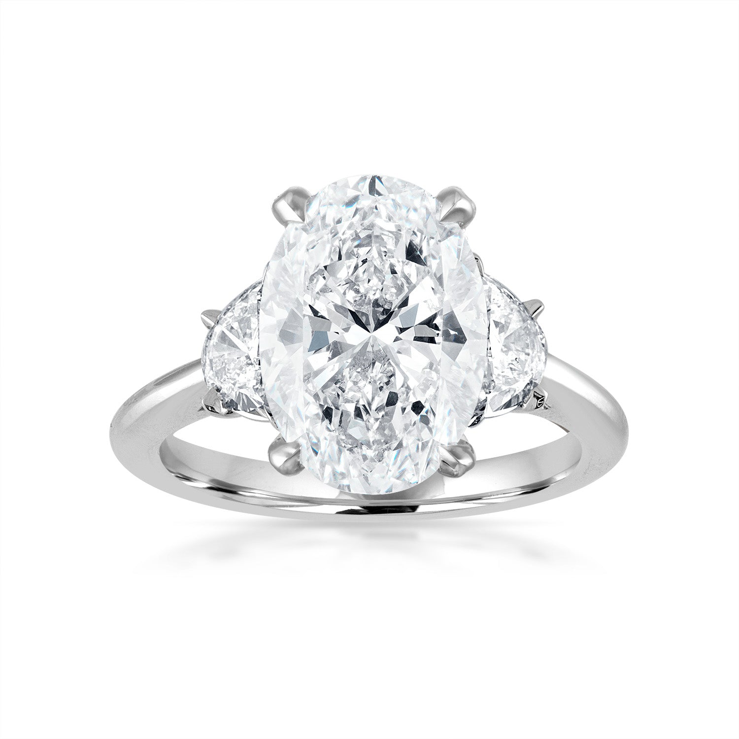 Oval Engagement Ring with Half Moons Side Stones in Platinum