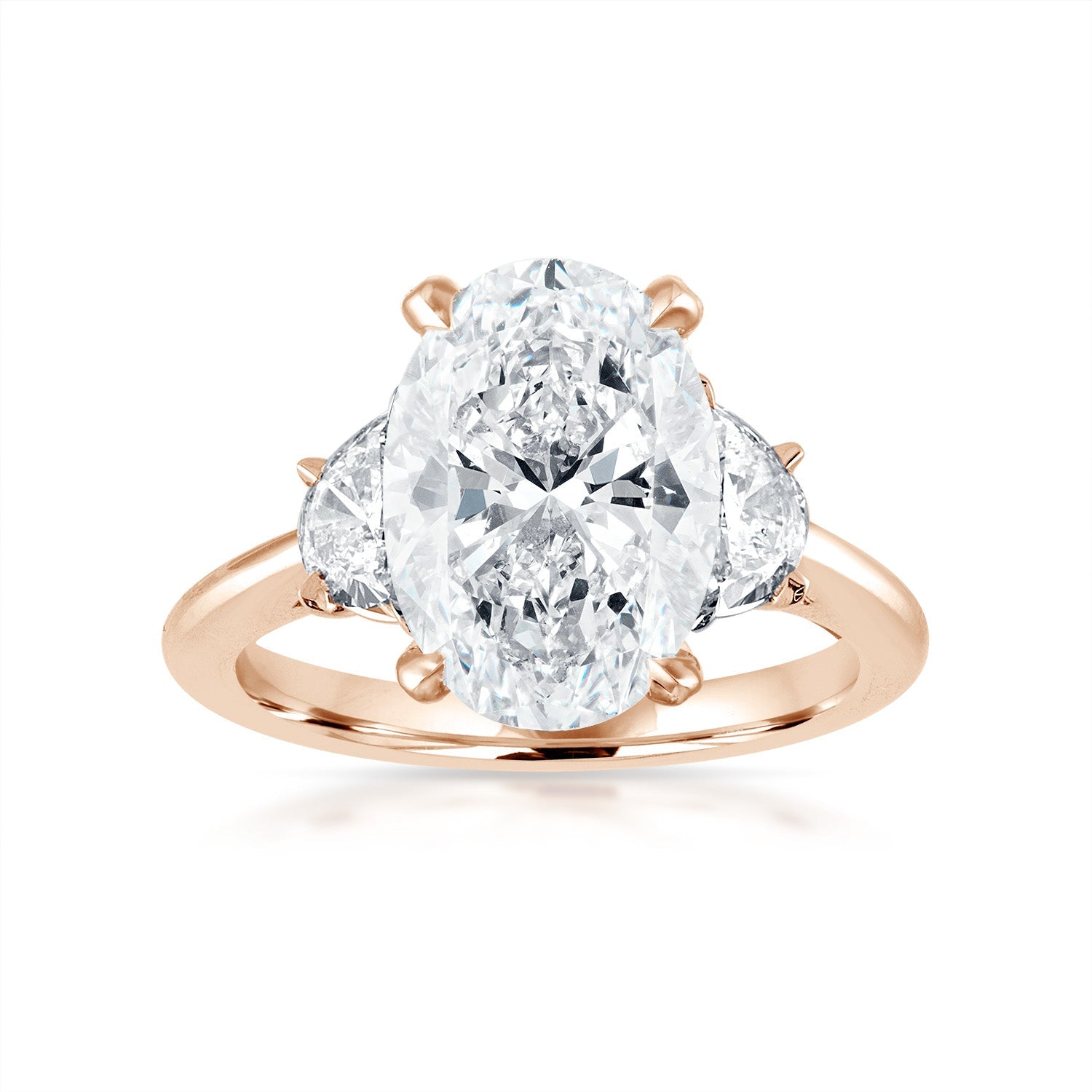 Oval Engagement Ring with Half Moons Side Stones in Rose Gold