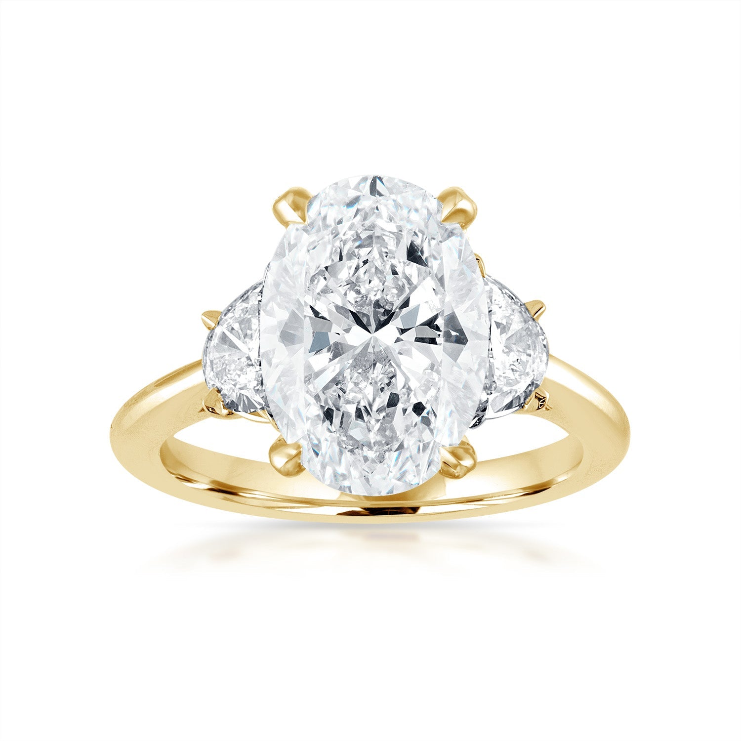Oval Engagement Ring with Half Moons Side Stones in Yellow Gold
