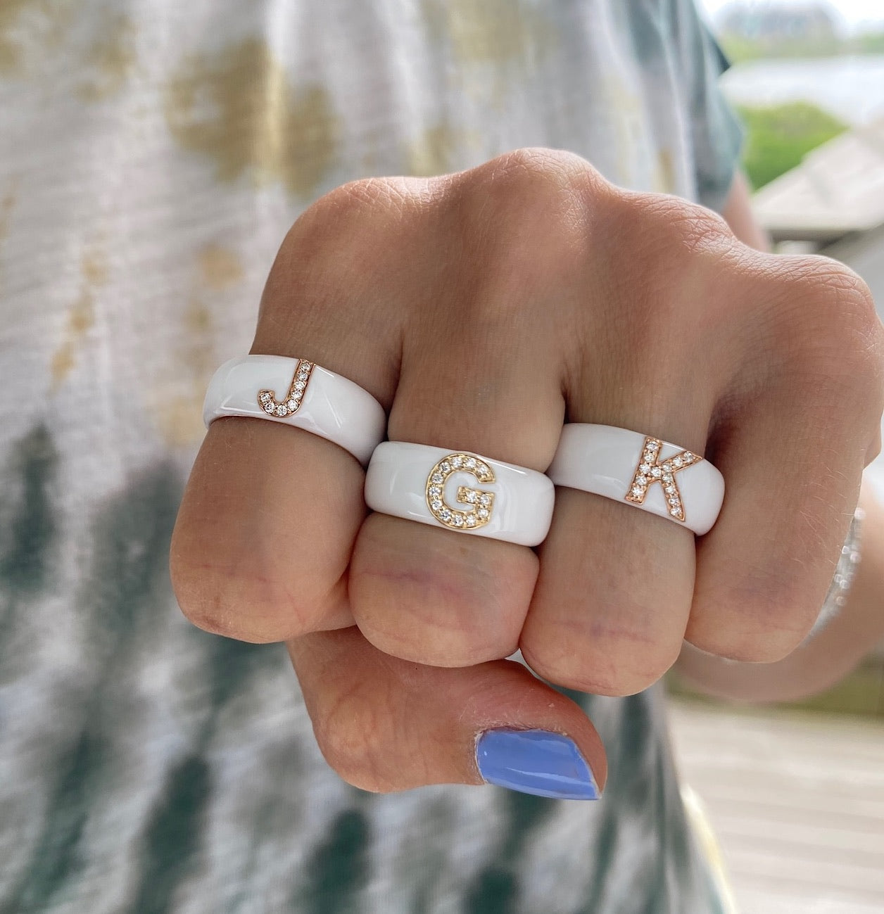 Poppy White Enamel and Diamond " S" Initial Cigar Band Size 6