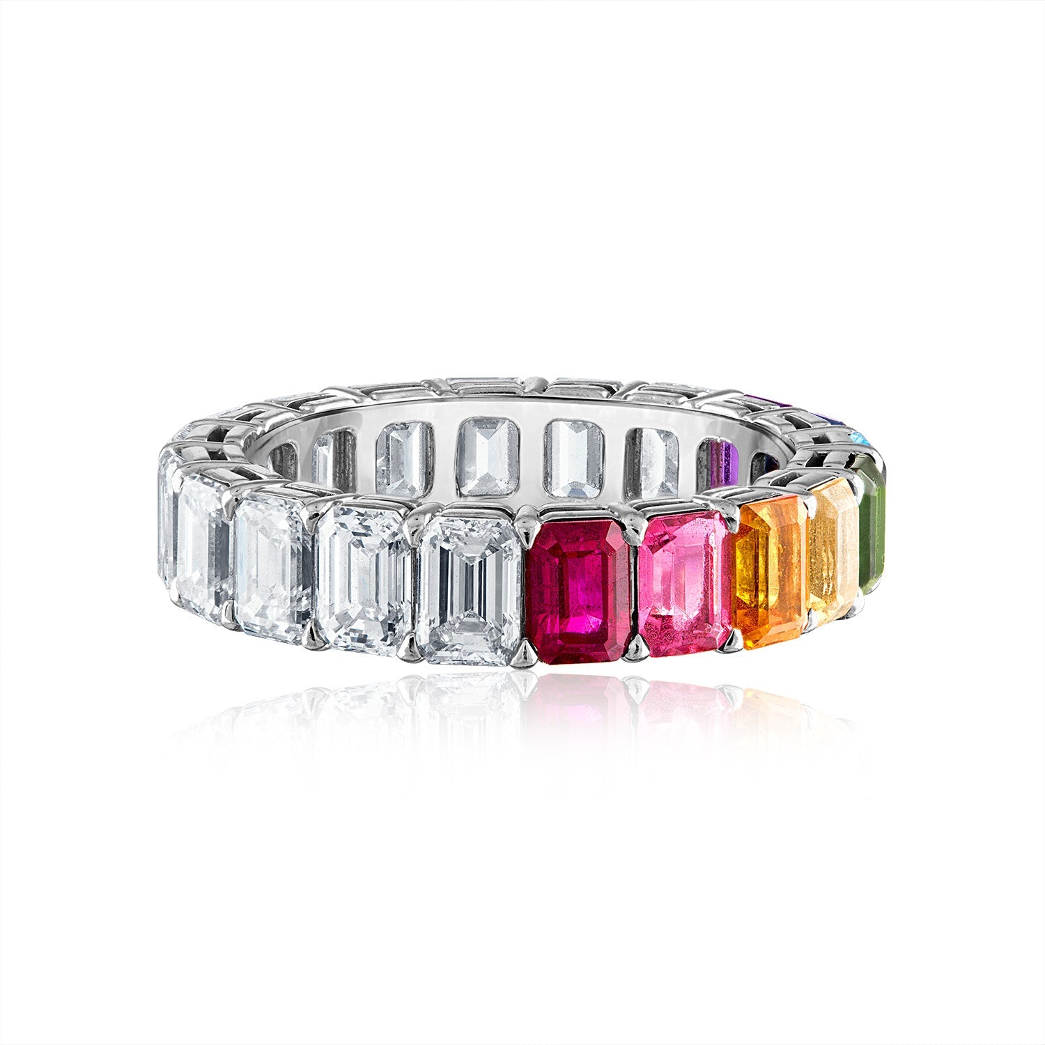 Platinum Rainbow and Diamond Emerald Eternity Band