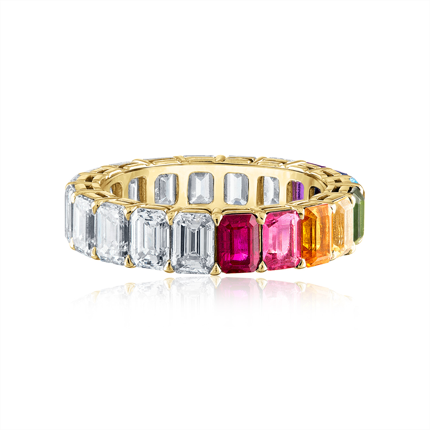 Yellow Gold Rainbow and Diamond Emerald Eternity Band