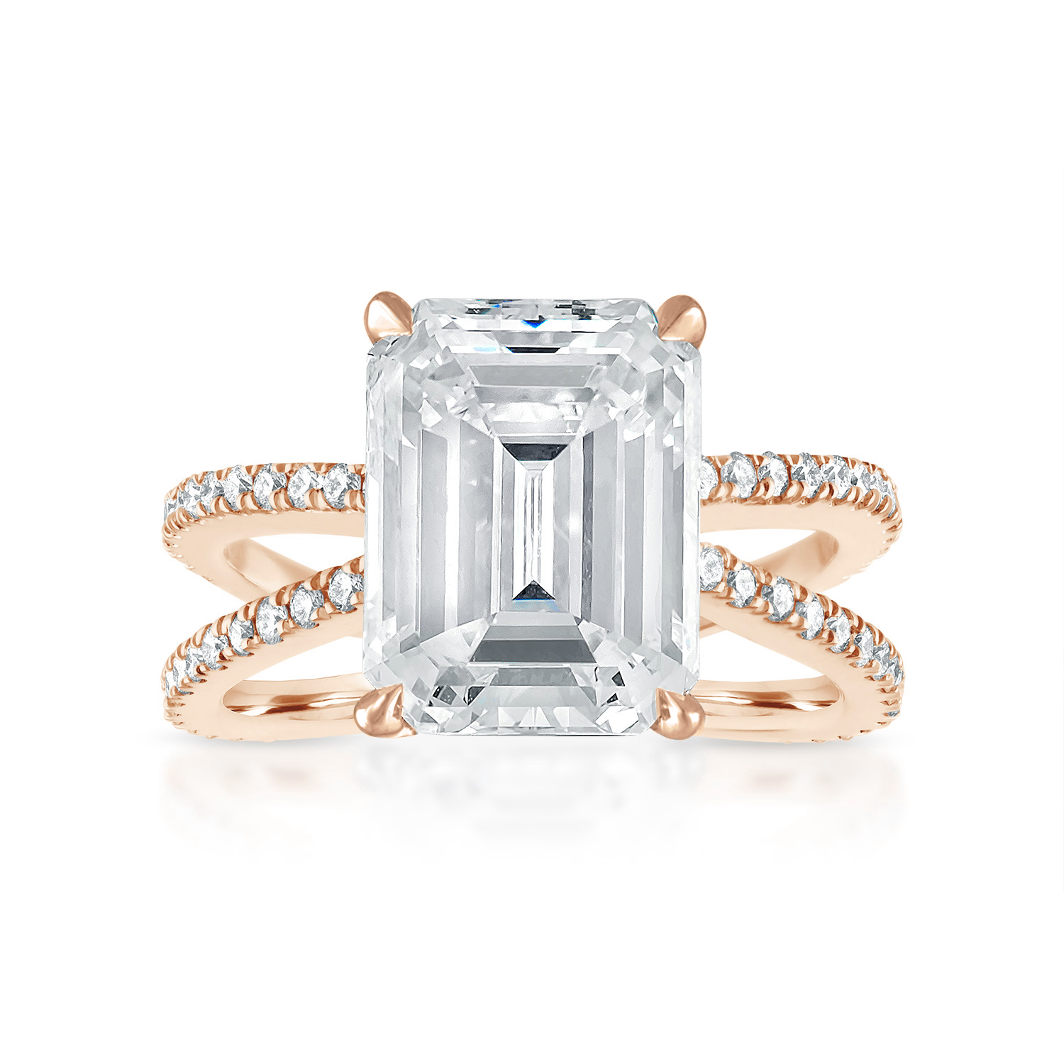 Reverse Pave Split Shank Engagement Ring 14K Rose Gold Emerald