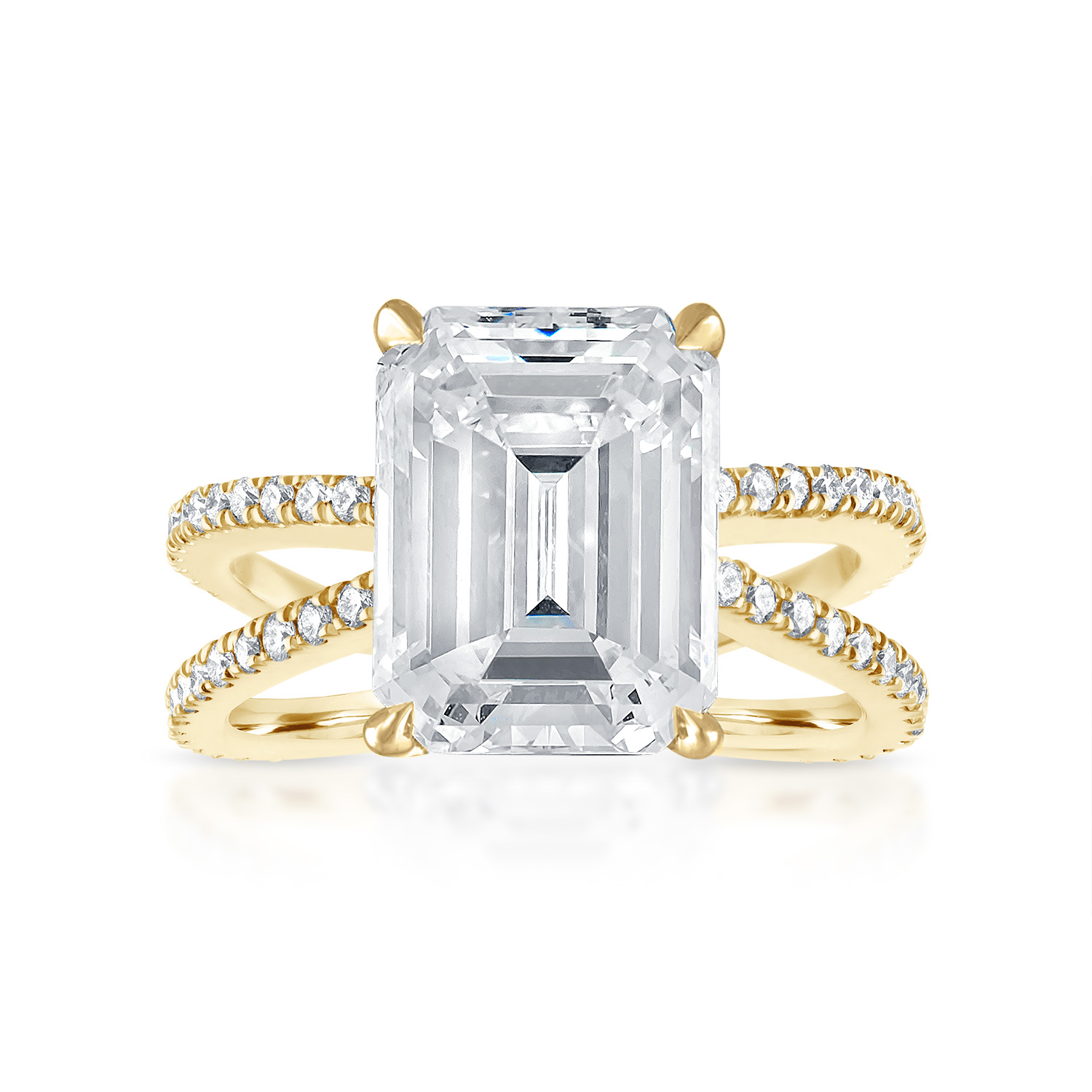 Reverse Pave Split Shank Engagement Ring 18K Yellow Gold Emerald