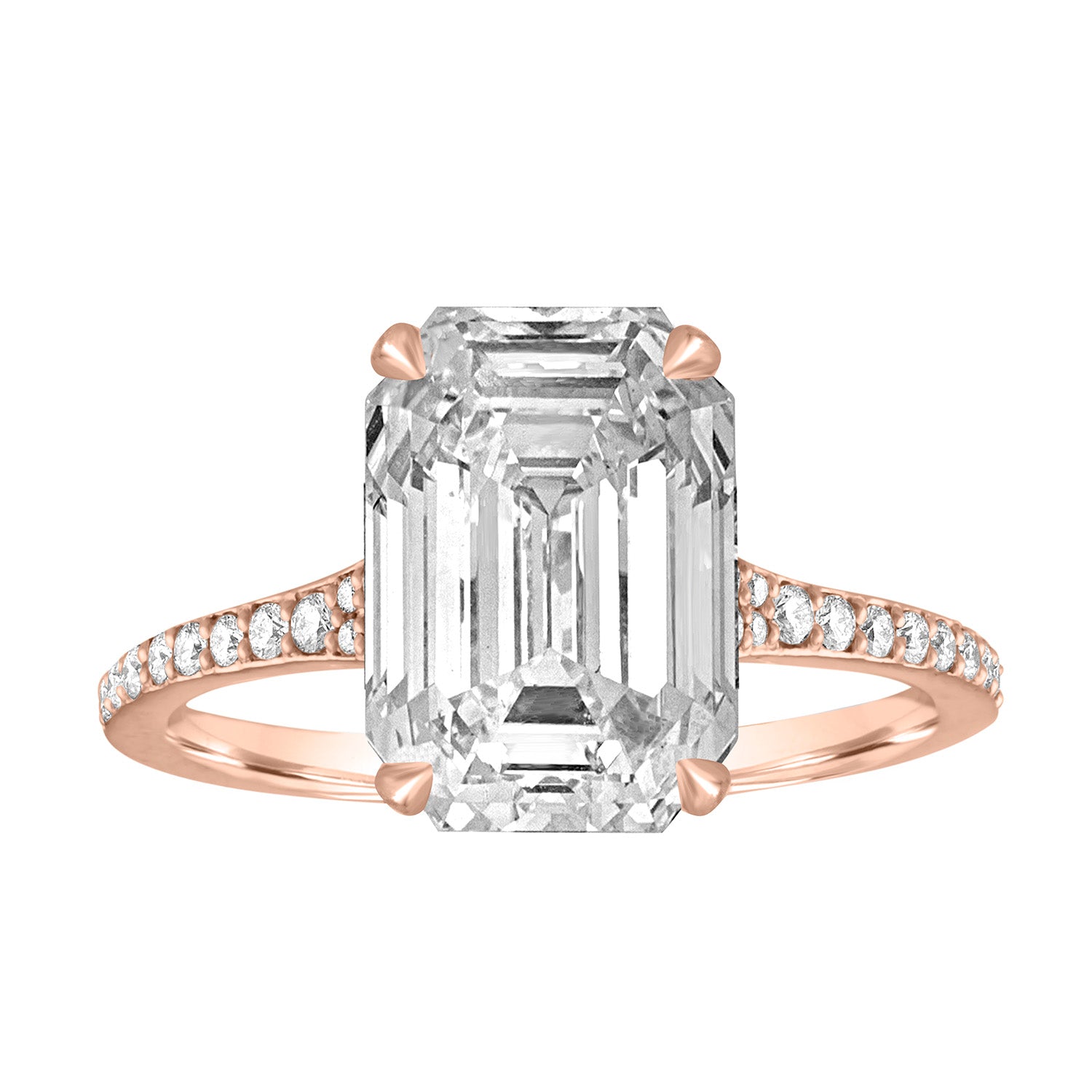 Emerald Tappered Pave Engagement Ring in Rose Gold