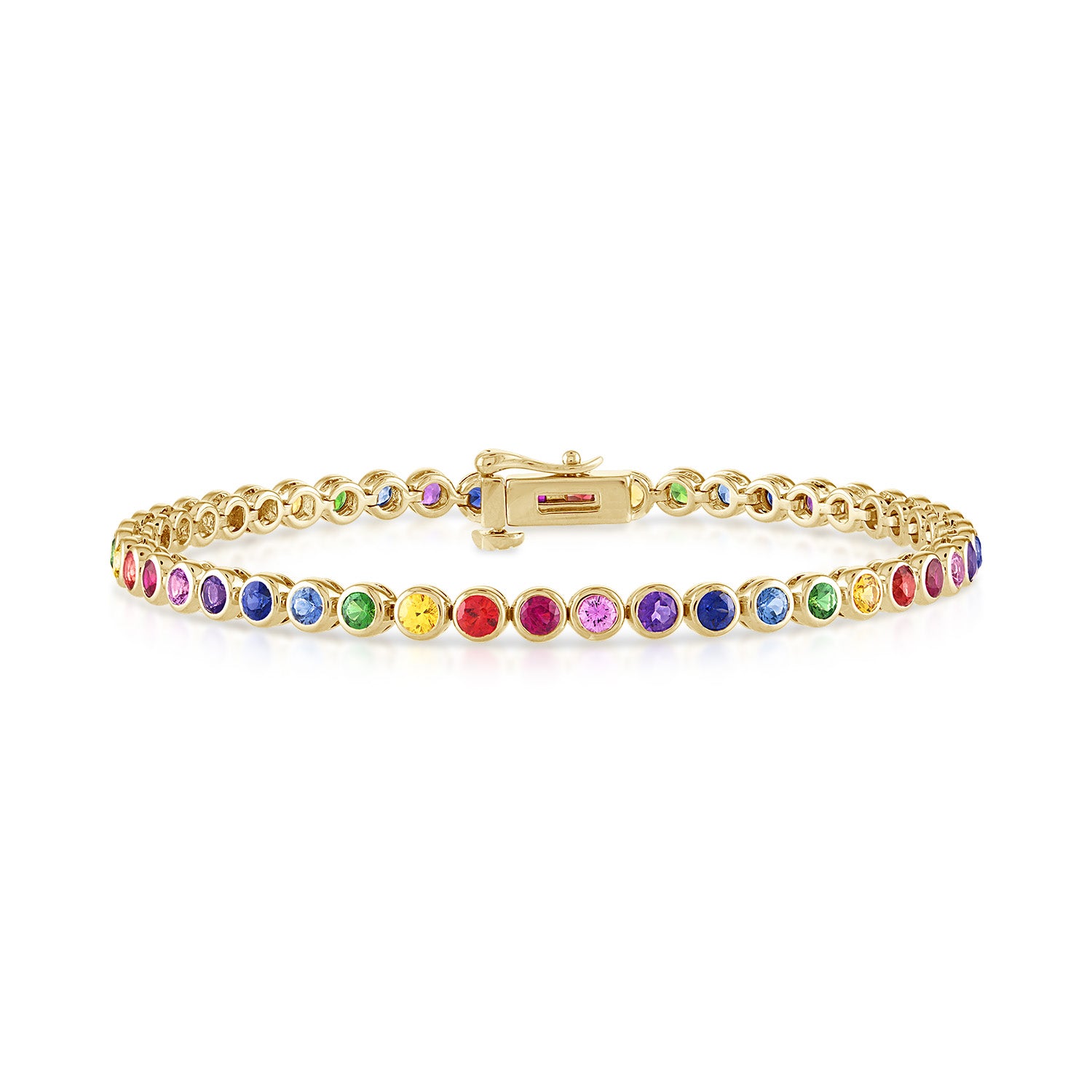 14k yellow gold rainbow bezel set tennis bracelet in 3.45 carats and clasped