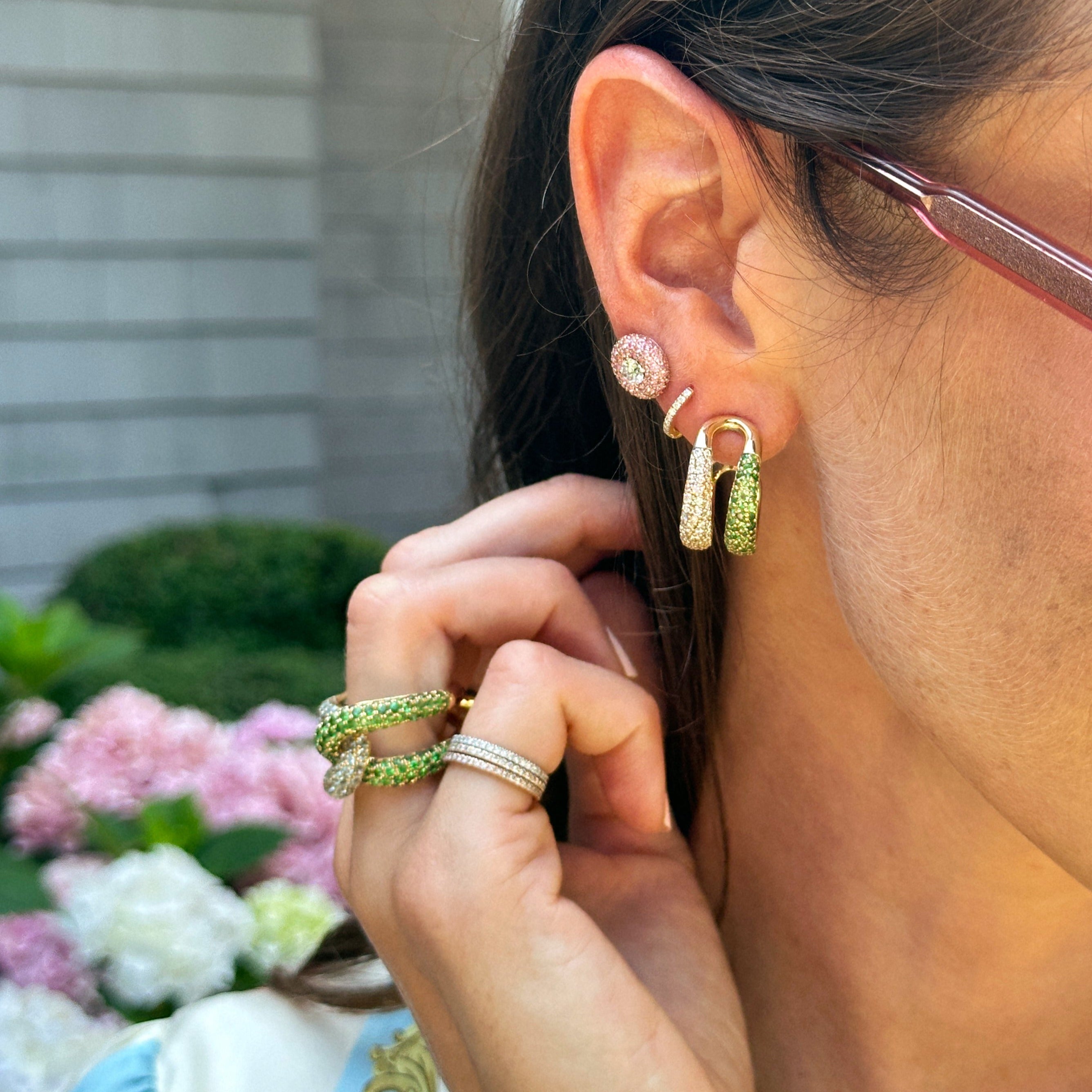 Green Tsavorite and Diamond Double Domed Hoops