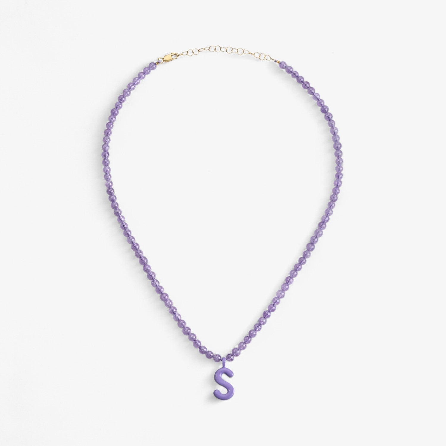 Purple Bead Necklace with Enamel Bubble Initial